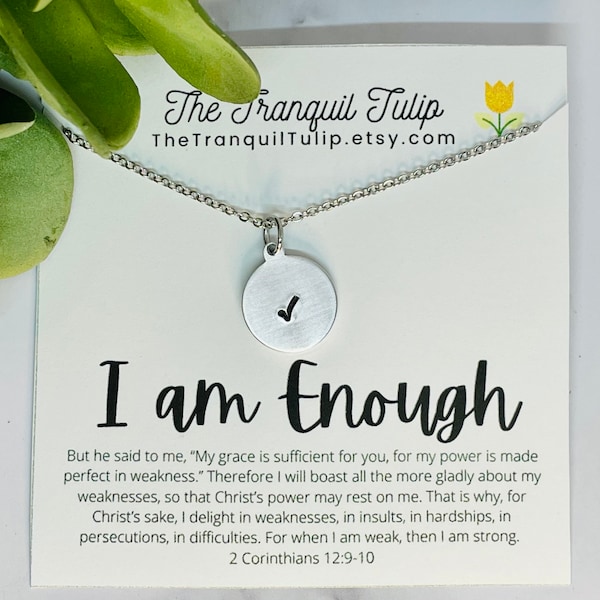 I am Enough Necklace - Checkmark Necklace Necklace & Card -Faith Jewelry - 2 Corinthians 12-Checkmark Pendant - Silver|Gold|Rose Gold Charms