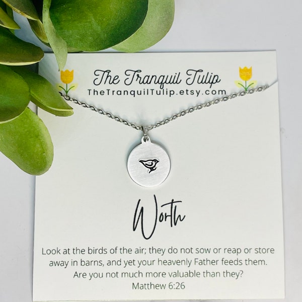 Bird Necklace - Necklace & Encouragement Card - Faith Jewelry - Christian - You are Enough - Eye on the Sparrow - Silver Gold Rose Gold