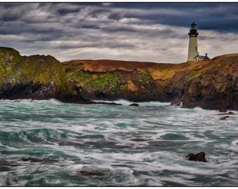 Dramatic Coastal Day, Lighthouse, Cloudy Sky, Ocean Photography, Oregon Coast Landscape Photography, Turquoise, Oceanscape, Tranquil, Nature