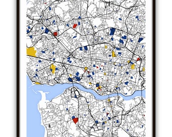 May include: A colorful map of Porto, Portugal, with blue, yellow, and red accents. The map shows the city's streets and waterways.