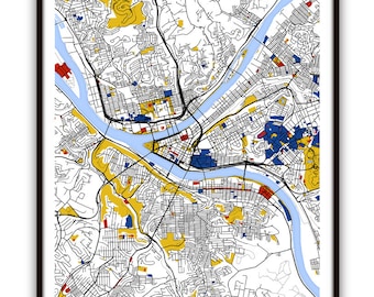 Peut inclure: Une carte colorée de Pittsburgh, en Pennsylvanie, avec des accents jaunes, bleus et rouges. La carte montre les rues, les rivières et les quartiers de la ville. Le mot "PITTSBURGH" est imprimé en bas de la carte.