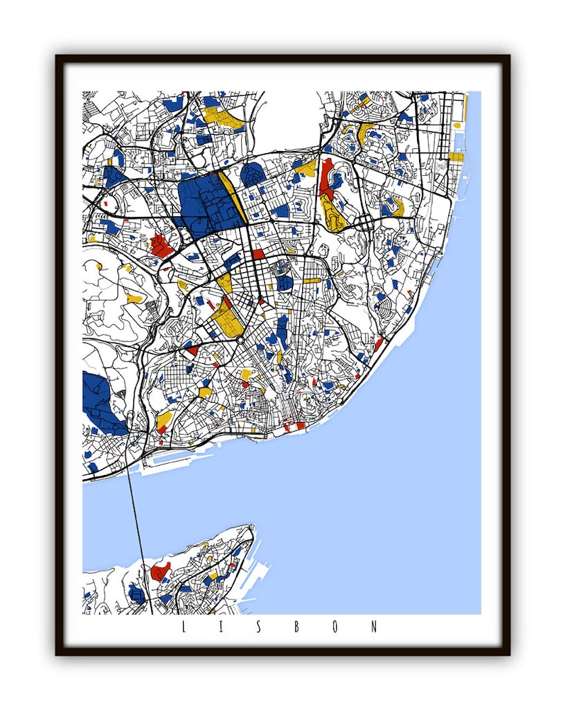 May include: A colorful map of Lisbon, Portugal, with blue, yellow, and red accents. The map shows the city's streets and landmarks, with the Tagus River running through the center. The text "LISBON" is printed at the bottom of the map.