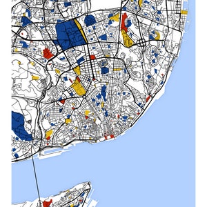 May include: A colorful map of Lisbon, Portugal, with blue, yellow, and red markings. The map shows the city's streets, buildings, and waterways. The word "LISBON" is printed at the bottom of the map.