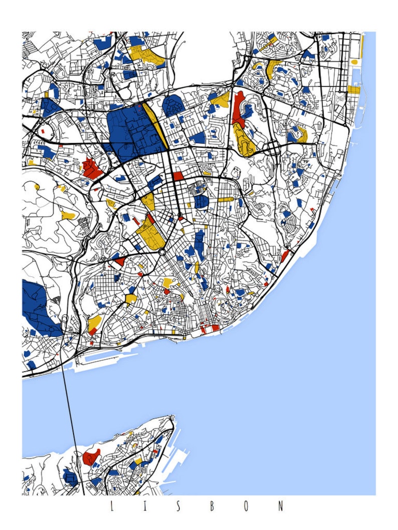 May include: A colorful map of Lisbon, Portugal, with blue, yellow, and red markings. The map shows the city's streets, buildings, and waterways. The word "LISBON" is printed at the bottom of the map.