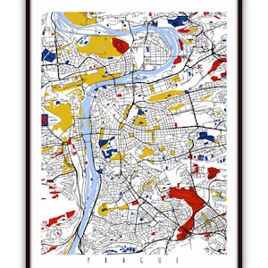 May include: A colorful map of Prague, Czech Republic, with a blue river winding through the city. The map is outlined in black and features yellow, red, and blue colored neighborhoods. The word "PRAGUE" is printed in black at the bottom of the map.