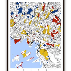 May include: A framed map print of Oslo, Norway, featuring a detailed street grid with blue, yellow, and red color-coded areas. The map includes the Oslofjord in light blue, with the city name "OSLO" at the bottom.