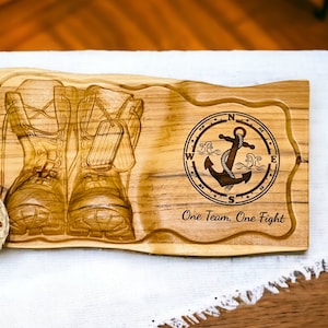 Custom 3D CNC Carved Teak Board with Laser-Engraved Message - Choice of Eagle, Fish, Flowers/Butterflies, Bulldog, Combat Boots, or Horse