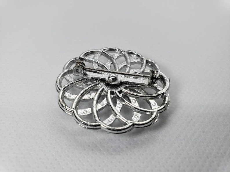 Vintage Silver Spiral Floral Motif with Center AB Crystal Rhinestone Pin Brooch