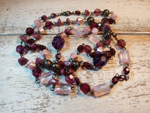Necklace Bohemian Bi Colour 2 Tone Purple and Violet Czech Glass with Amber Faceted Crystal Vintage Beads 2 Strand Chains