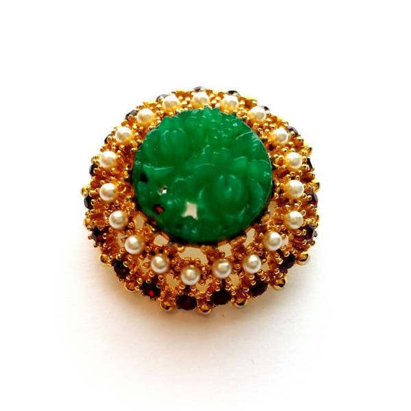 Vintage Gold Dome with Green Carved Stone Red Crystal Rhinestones and Seed Pearls Pin Brooch