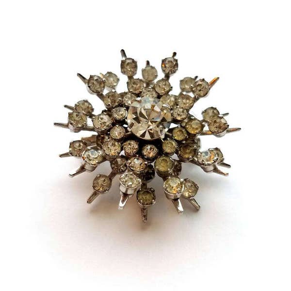 Vintage Stunning Silver Snowkflake, Starburst with  Prong Set Clear Crystal Rhinestones Pin Brooch or Slide Out Pendant