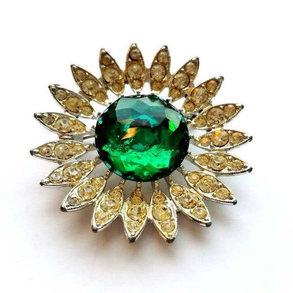 Vintage Sarah Coventry 1964 "Kathleen" Silver Flower with Green Glass Stone Pin Brooch