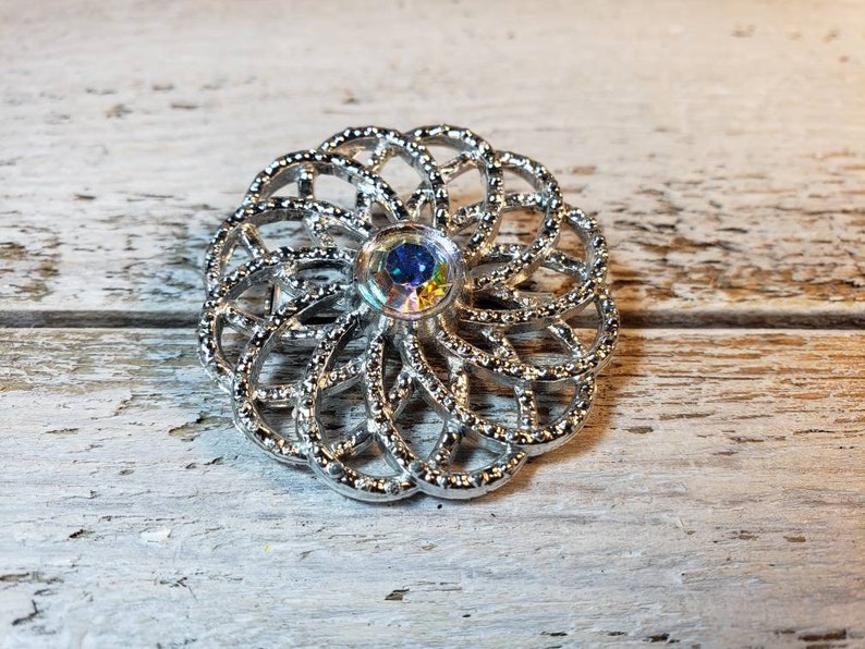 Vintage Silver Spiral Floral Motif with Center AB Crystal Rhinestone Pin Brooch
