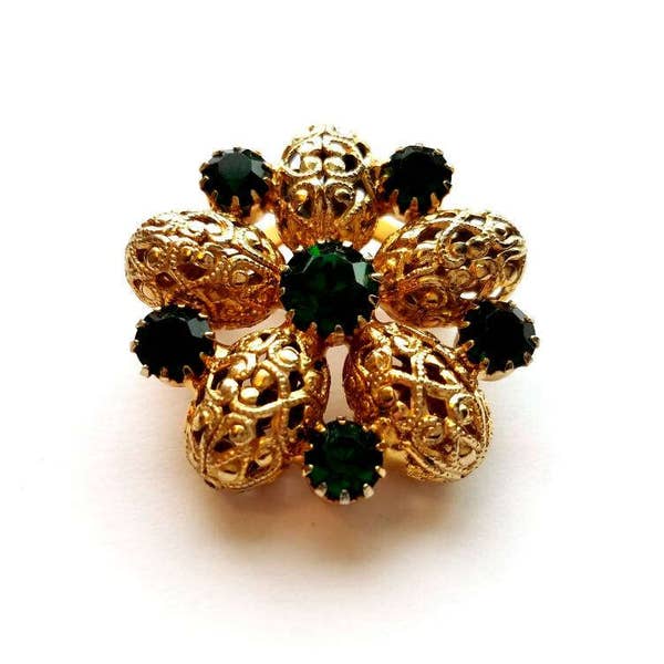 Vintage Gold Filigree Flower with Prong Set Green Crystal Rhinestones Pin Brooch