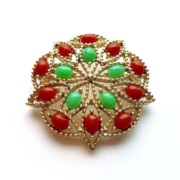 Vintage Sarah Coventry 1969 "Acapulco" Gold with Orange and Green Cabochons Pin Brooch