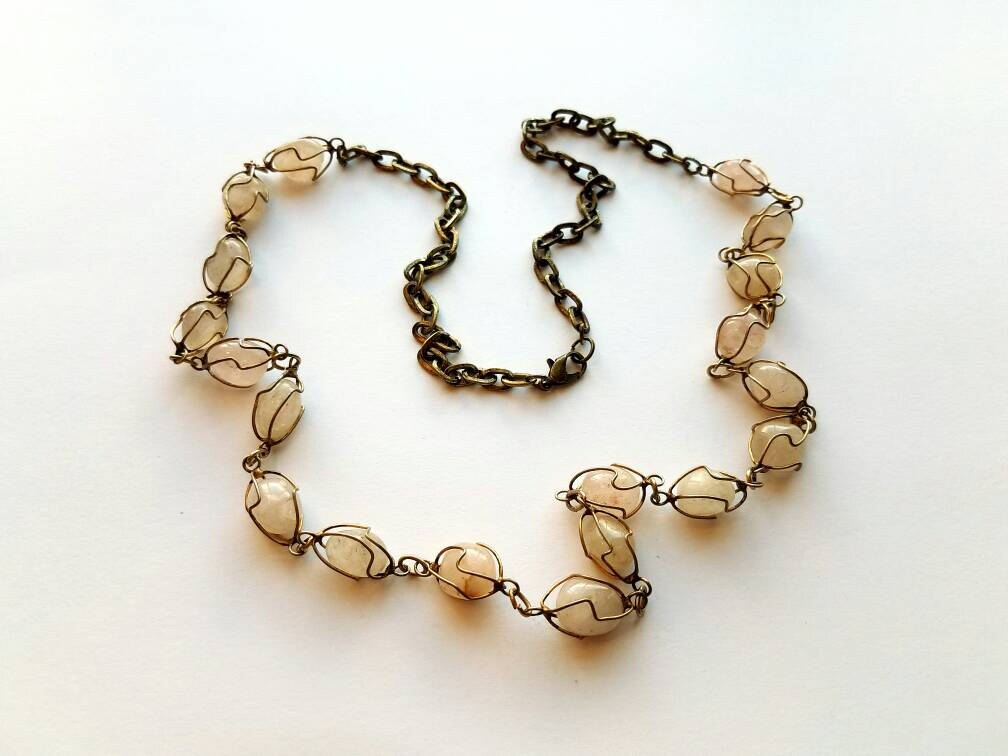 Antiqued Gold Necklace With Wire Wrapped Pale Pink Polished Etsy