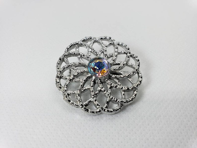 Vintage Silver Spiral Floral Motif with Center AB Crystal Rhinestone Pin Brooch