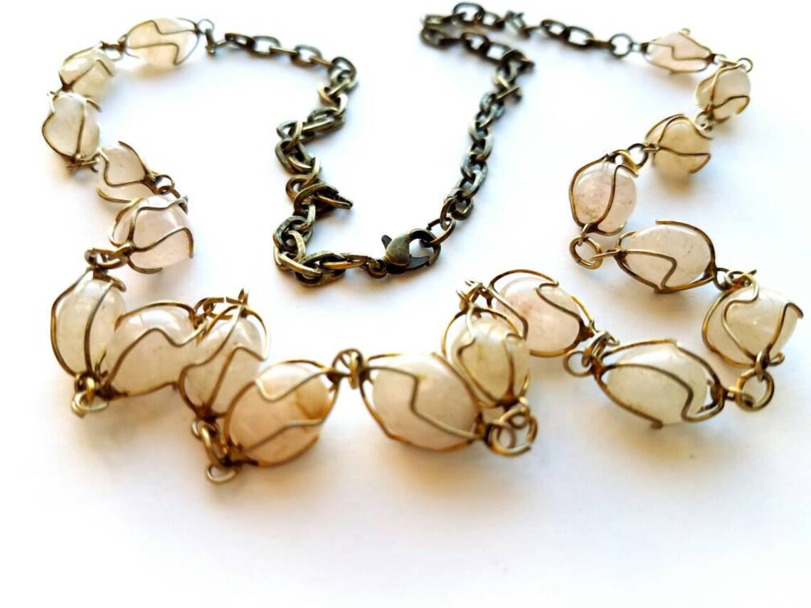 Antiqued Gold Necklace With Wire Wrapped Pale Pink Polished Etsy