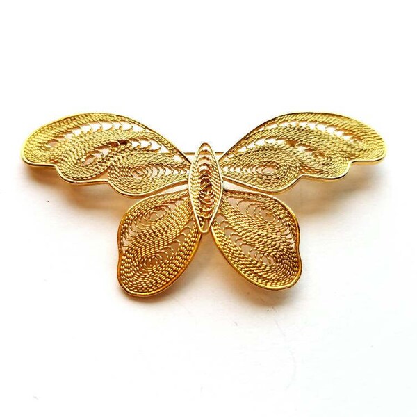 Vintage Large Gold Filigree Butterfly Pin Brooch