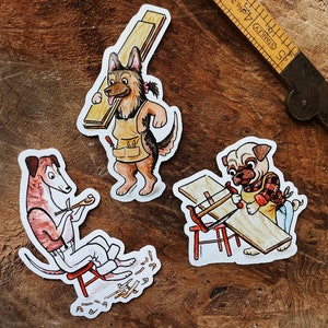 shop dog stickers - cute vinyl stickers that feature a greyhound, pug, and german shepherd - woodworking