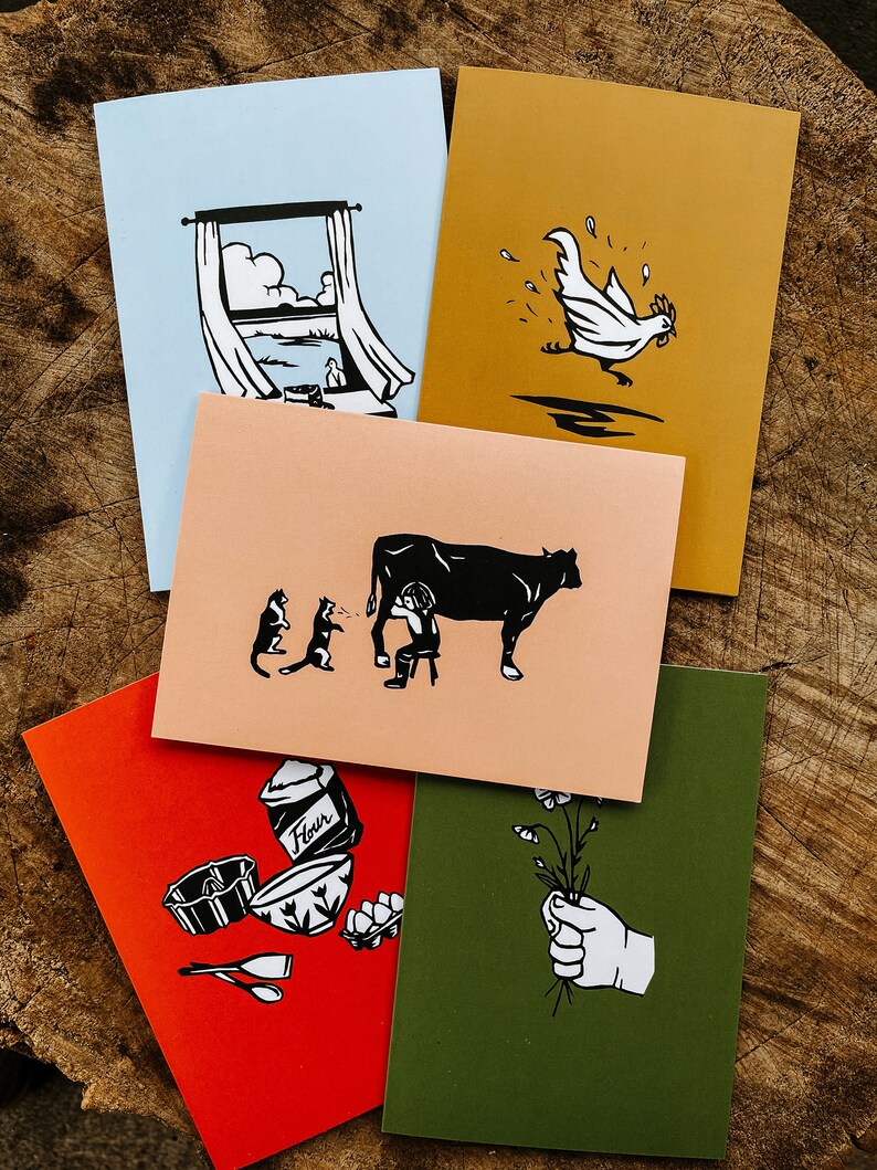 Montana Farm Greeting Cards Set of 5 // 1950s Chicken Card // Baking Cake Card // Cats and Milking Cow Card // A6 Greeting Cards image 10