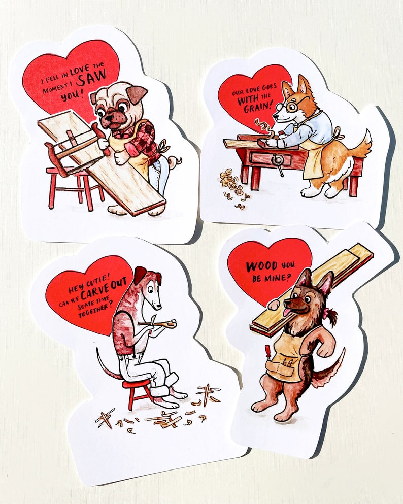 Shop Dog Valentines Cards Set of 4 // Woodworker Welsh Corgi Card // Pug Card // German Shepherd Card // Greyhound Card // Size A6 image 2