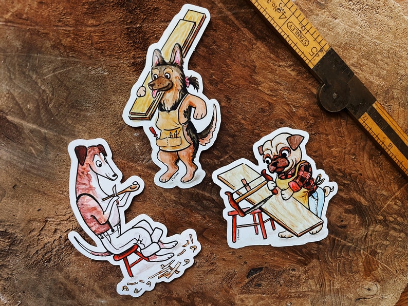 shop dog stickers - cute vinyl stickers that feature a greyhound, pug, and german shepherd - woodworking