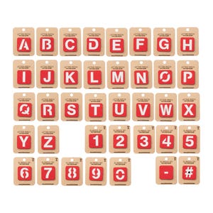 May include: A collection of red and white letter patches, including letters A through Z, numbers 1 through 9, and symbols. Each patch is on a small cardboard backing with the text "LETTER PATCH" and "ID PATCH 1X1".