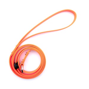 May include: A bright orange dog leash with a silver buckle and a black ring. The leash is coiled up and ready to use.