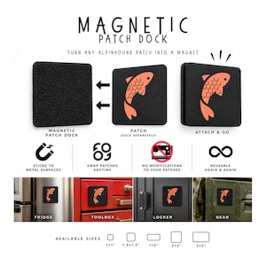 May include: A black square magnetic patch dock designed to hold hook-and-loop patches. The image shows the dock, a fish patch, and the attached result. Icons illustrate features like metal surface adhesion and reusability. Available sizes include 1x1, 1.5x1.5, 1x2, 2x2, and 3x2 inches.