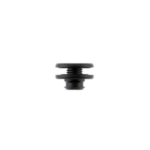 May include: A black bottle stopper with a threaded center section and two flat, circular ends. The stopper is designed to fit snugly into a bottle opening, providing a secure seal. The product is made of a durable material.