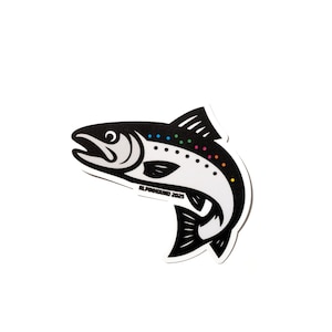 May include: Black and white illustration of a salmon with a rainbow-colored stripe down its back. The text "ALPINHOUND 2025" is printed below the fish.