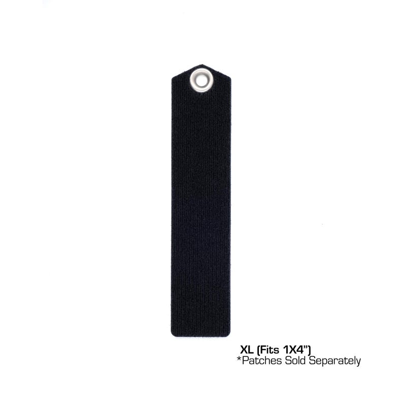 May include: Black hook and loop fastener strip with a metal eyelet. XL (Fits 1x4"). *Patches Sold Separately*