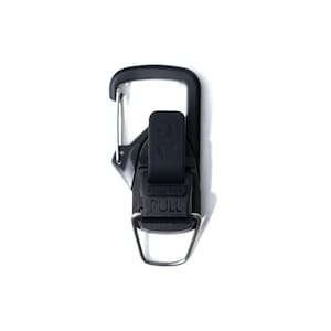 May include: Black carabiner clip with a silver loop and a black plastic strap with the word "PULL" printed on it.