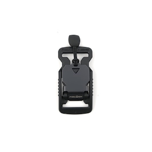 May include: Black plastic FIDLOCK buckle with a black cord and a black rubber stopper. The buckle has a small triangle on the front and the word "FIDLOCK" printed on the bottom.