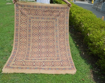 FREE SHIP5.8 X 4.2 Ft Stunning Geometric Pattern chapat Baft Fine Quality Lambs Wool Full Soumak RugFree Shipping