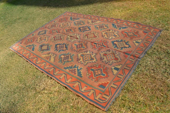 ビンテージ　ラグ　USA 幾何学模様 ヴィンテージラグマット（2畳：グレー/ブルー）ミックスカラー[185×185