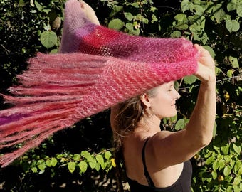 Hand Knitted ,Mohair Silk Shawl, Bohemian Pink Triangle Scarf, "La vie en Rose", unique