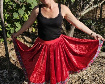 Roter Samtrock mit besticktem Jacquard-Saum, Tanzrock, Geschenkidee für sie, einzigartige Geschenke
