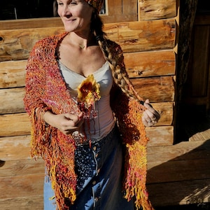 Ensemble Châle " Maria Suzanna" filé et tricoté main en France, Châle Bohème, boho shawl, BoutonRose, Unique