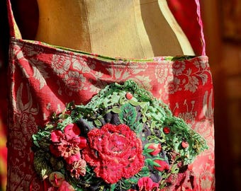 Fée Rose Schultertasche, Kunst zum Tragen, gestickte Blumenapplikation, einzigartige Geschenke