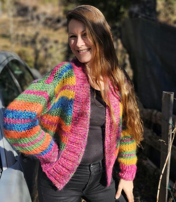 Handgestrickte Chunky Cardigan, Mohair-Strickjacke, Unikat