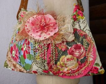 Boho bag, antique, "Romantic rose" floral, gipsy, unique, art to wear, Romantic