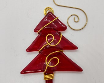 Red Transparent Christmas Tree Ornament - Fused Glass with Wire Wrapping - Holiday gift - Christmas gift, Suncatcher