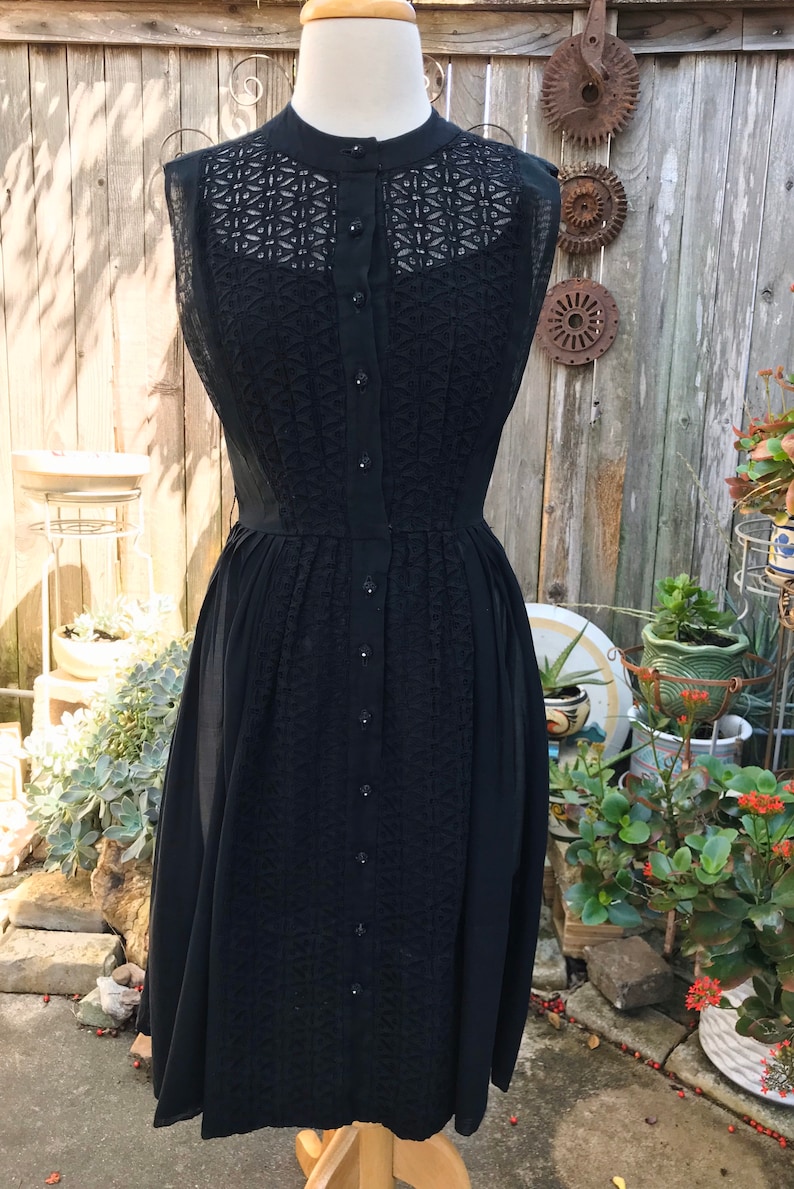R/&K Originals Black Cotton Voile Dress circa 1950\u2019s