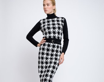 Houndstooth Merino Wool Knitted Dress , Women's Long Sleeves Fine Wool Midi Dress  LINA by Rumor London