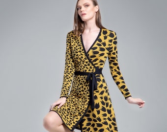 Jacquard-knit wrap dress with animal pattern in yellow, Knitted wrap dress, SAVANNHA dress by Rumor London