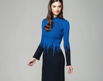 Blue two-tone ribbed knit dress with rain drop effect and bell sleeves / Talia knitted dress / Merino ribbed knit dress