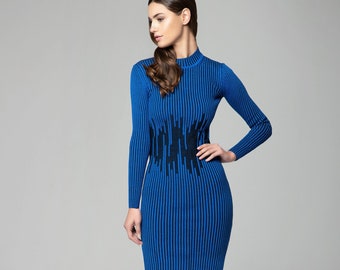 Blaue zweifarbige gerippte Strickkleid mit Taille definieren Detail / Tara gestrickte Kleid / Merino gerippt stricken Kleid