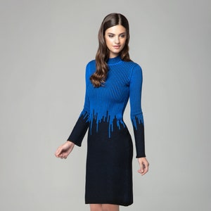 Blue two-tone ribbed knit dress with rain drop effect and bell sleeves / Talia knitted dress / Merino ribbed knit dress